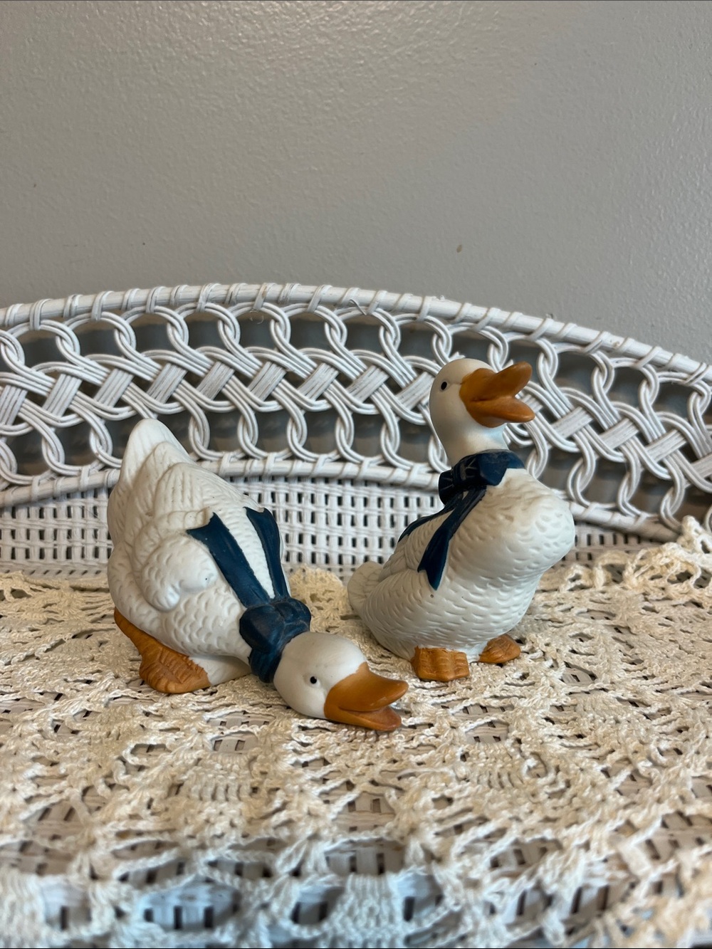 2 Vintage Goose Ornaments with Blue Bow – Country Farmhouse Cottagecore Decor